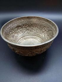 西洋 欧洲古董 餐具 碗 有刻花 190克 手工制作 碗口12cm