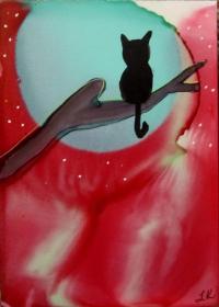稀缺， 签名《艺术家林恩科勒的 黑猫蓝色月亮》2018年出版，  2.5x3.5英寸
