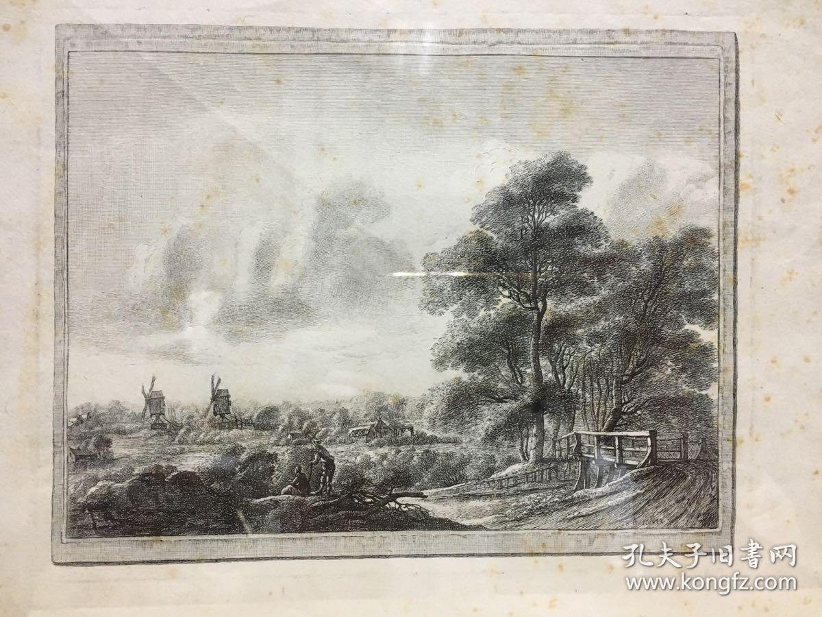 欧洲版画 农庄风车 凹板钢版画 带镜框可摆可挂