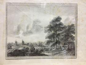 欧洲版画 农庄风车 凹板钢版画 带镜框可摆可挂