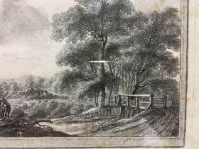 欧洲版画 农庄风车 凹板钢版画 带镜框可摆可挂