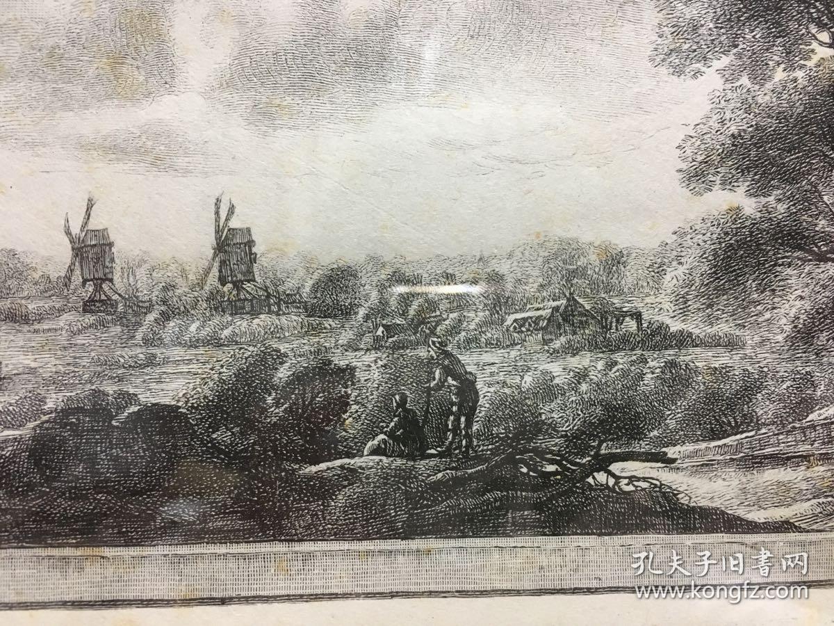 欧洲版画 农庄风车 凹板钢版画 带镜框可摆可挂