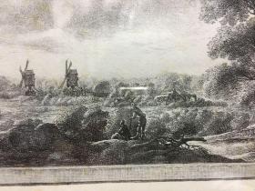 欧洲版画 农庄风车 凹板钢版画 带镜框可摆可挂