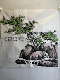 著名画家 林凡 画绿色梅花 尺寸68X68厘米