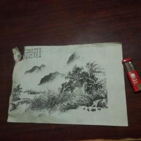 南通书画名家顾梦吾在绘画印刷品上毛笔字并钤印（3）（有破损）