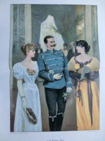 【现货 包邮】1890年巨幅木刻版画《暧昧，两位美女真是漂亮》（flirt）  尺寸约56*41厘米 （货号 600693）