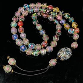 清晚期流光溢彩花琉璃佛珠项链，直径约11mm，主珠54颗佛珠，吊坠尺寸：22mm1