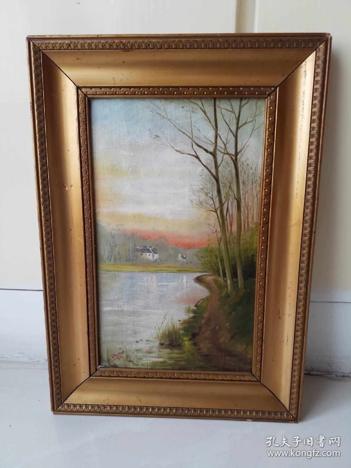 欧洲油画，名家原作旧藏：   湖畔晚霞