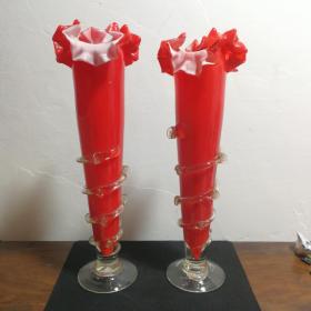 包老玻璃琉璃花瓶插几十年代冰激凌形状完整秀气可爱怀旧摆件较高约29厘米人工制作两只略有差别