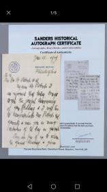 包邮  “百货商店之父”约翰•沃纳梅克（John Wanamaker）亲笔信致哈兰德·桑德斯 附证书