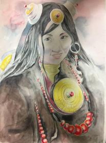 吴建潮  水彩画 人物 中国 52x37cm  1989 日本发货