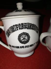 七八十年代景德镇梅花纹瓷茶杯一对——湖州丝绸印染厂赠 采桑牌11556打字纺荣获国家银质奖纪念