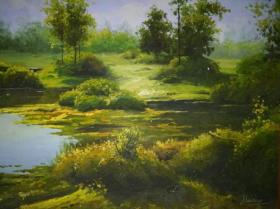 油画家带内外框风景老油画《池塘》—【低价拍售完为止】油画作品（*UWP3WXZ）