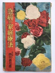 《一年中急病的家庭疗法》，日本医学博士西川义方著，日语一册，1949年5月主妇之友社发行。详细介绍一年中分春夏、秋冬及其他多发60多种急病的症状、应急处置、家庭疗法及护理、预防