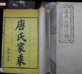 《巨大本唐氏族谱》民国三年厚重本！！，大全八大册，品相古朴完美，书角有朱录册序，书影详细大量家族资料，扉页书皮完美有红印方款爱不释手，千谱斋名家堂代友出家谱宗谱