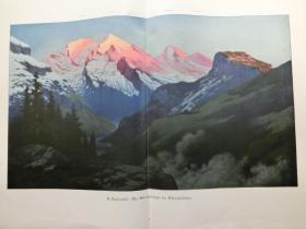 【百元包邮】1890年巨幅平版印刷画《阿尔卑斯山夕照》 ( Die Altelsgruppe im Alpenglühen )尺寸约56*41厘米 （货号602081）