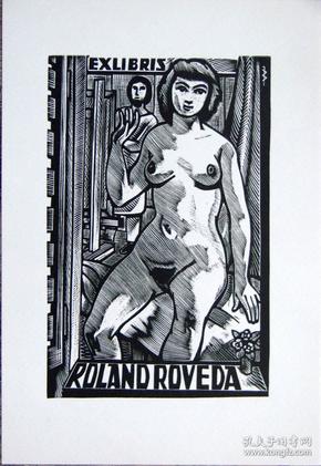 德国艺术家.“Jan Battermann ”木板藏书票—《裸女模特》