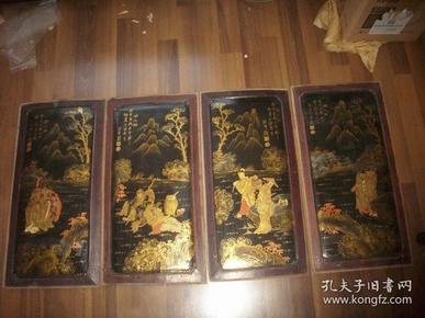 清代-手绘描金【山水八仙人物】画板4块一套！每块尺寸54/27厘米