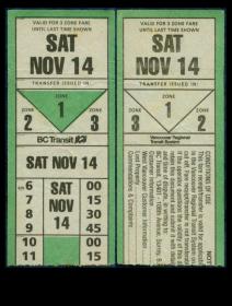 ［ZH-06］加拿大温哥华公共交通车票1981.11.14/周六（世界糖尿病日），宽4.2厘米。