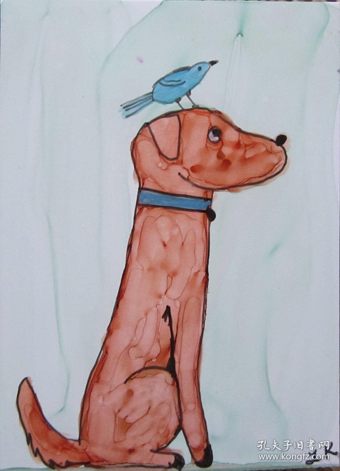 稀缺， 签名《艺术家林恩科勒的 狗蓝鸟画》2018年出版，  2.5x3.5英寸