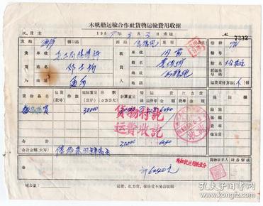 新中国轮船票类----1958年黑龙江省通河县木帆船运输费收据7232