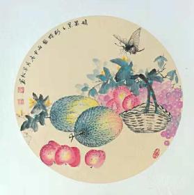 瓜果蝴蝶国画原画（卡宣，可直接装框）