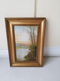 欧洲油画，名家原作旧藏：   湖畔晚霞