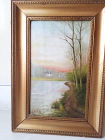 欧洲油画，名家原作旧藏：   湖畔晚霞