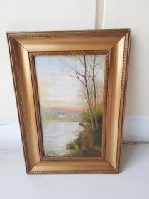 欧洲油画，名家原作旧藏：   湖畔晚霞