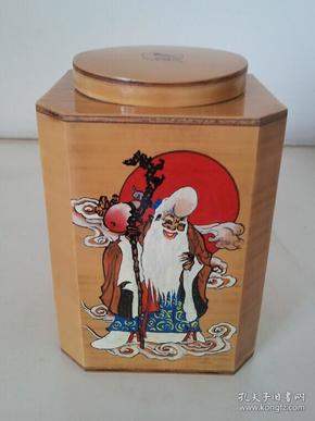 宝庆竹刻寿星图案八边形竹簧茶叶盒