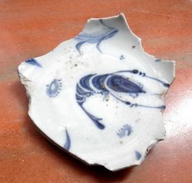老古董瓷标本海藻海虾图玉璧底青花瓷片 明朝代早期老陶瓷器包老真品瓷具收藏