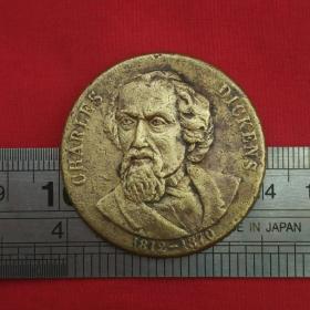 A313旧铜查尔斯狄更斯奖章英国制造1812-1870铜牌铜章铜币珍收藏