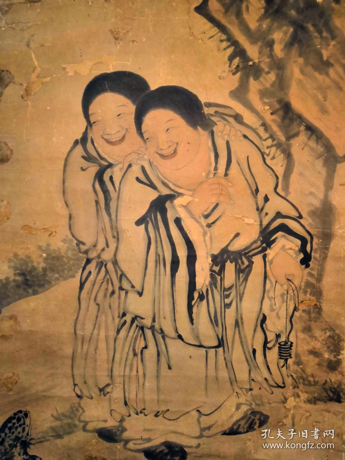 清朝陈荃原装老裱人物立轴《和合二仙》