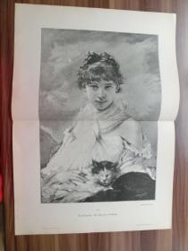 【现货 包邮】1890年巨幅木刻版画《美女与宠物猫》（Das Bauses Liebling）尺寸约56*41厘米  （货号602206）