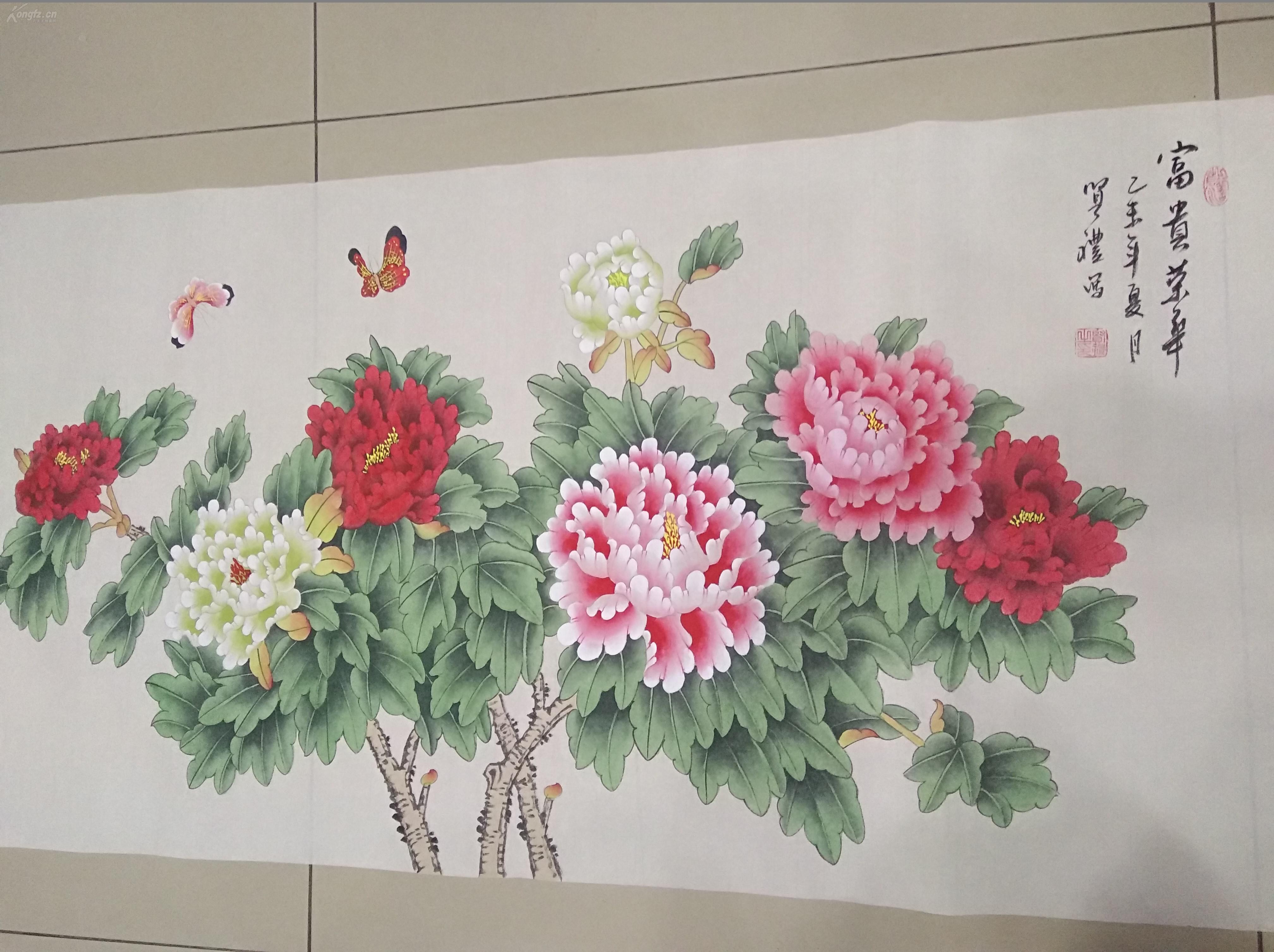 中国书画家协会理事作品，软片，四尺工笔牡丹，富贵荣华
