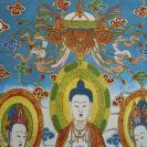 西方三圣佛像织锦一幅，彩色丝线钩织，中间是阿弥陀佛，左边大势至菩萨，右边为观世音菩萨，结缘包邮