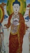 西方三圣佛像织锦一幅，彩色丝线钩织，中间是阿弥陀佛，左边大势至菩萨，右边为观世音菩萨，结缘包邮