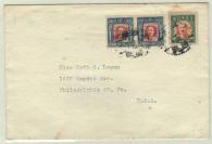 民国实寄封—【8】民国卅七年（1948年）绍兴寄美国宾夕法尼亚州实寄封，贴孙中山像邮票三枚