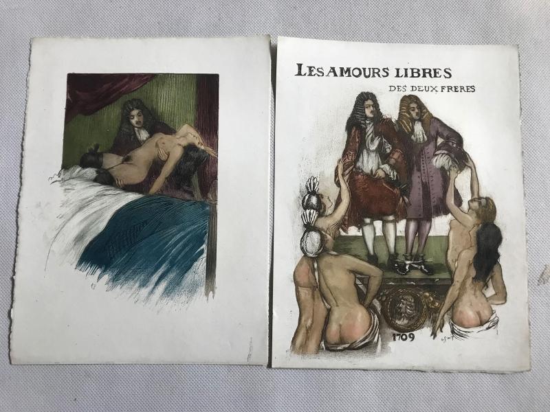 法国情色版画“LESAMOURS LIBRES DES DEUX FRERES”设色版画两张。