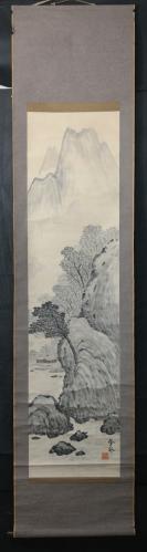 【日本回流】原装旧裱 璋龄 水墨山水画 一幅（纸本立轴，画心约4平尺）HXTX523062