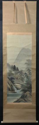 【日本回流】原装旧裱 溪云 水墨山水画 一幅（绢本立轴，画心约3.6平尺）HXTX523071