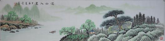 溪山入画.中国书画研究会何老师.宣纸画芯1，尺寸约137*34cm,赠送作品集彩页