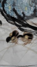 河南省美协会员、河南省画院副院长——布德江,四尺斗方,农家小院的小鸡(保真)