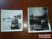 早期背景古桥军人+女人留影2张合售