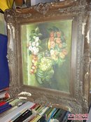 老油画一幅，水果鲜花，维妙维肖，色彩艳丽，经久不衰，应出自大师之手