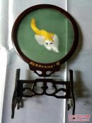 刺绣猫咪，绣品，玻璃夹层，两面颜色猫，园形镜子