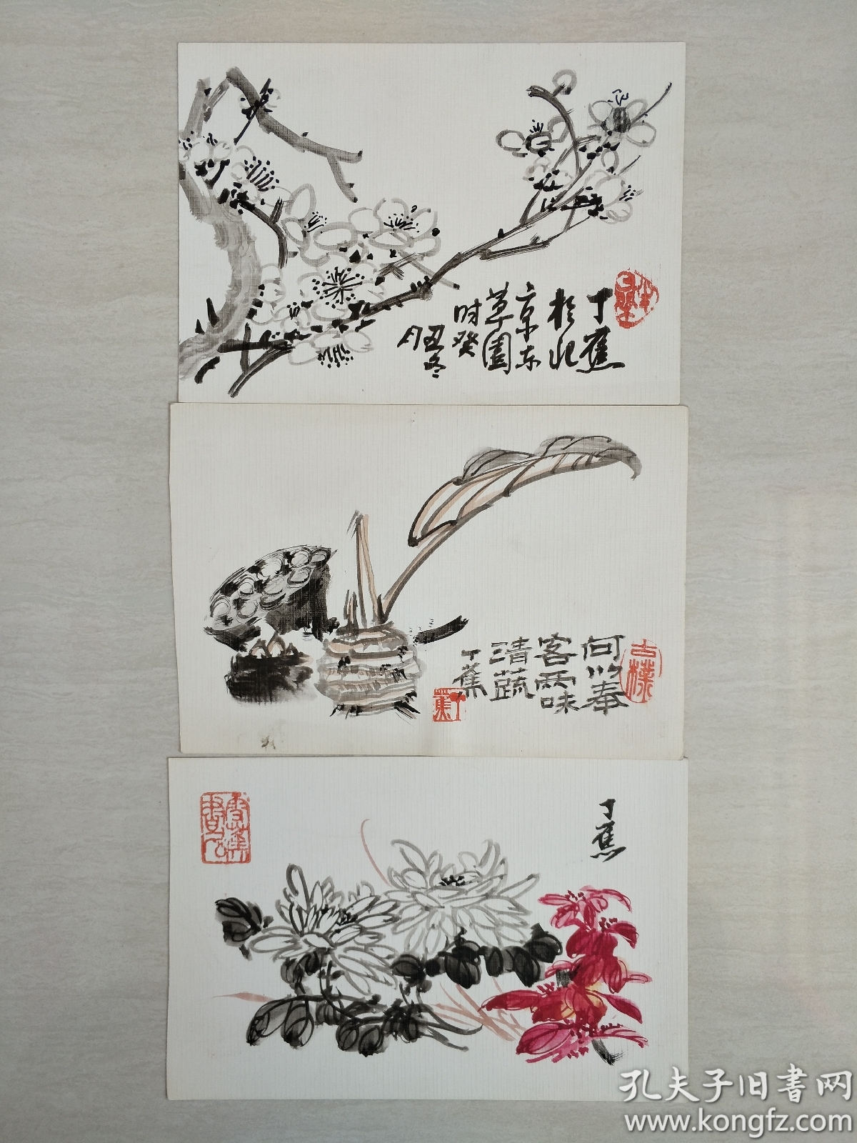 著名画家，丁蕉精品绘画小品1组3幅。