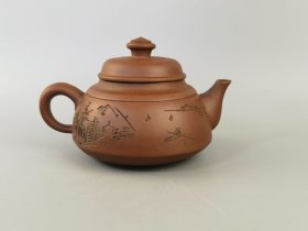张？刻山水文字紫砂壶，顾美英制壶