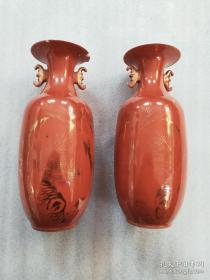 清晚民国时期珊瑚红描金手绘尺瓶，一个全品，一个上口有点缺肉图6可见，高25.5