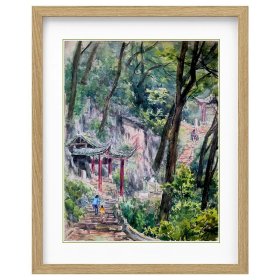 同一来源：秦大虎《贵阳黔灵山-九曲径》之二 水彩 32×25cm 1981年 （双面）----九曲径位于黔灵山公园南大门入口内，是通往弘福寺的山道，山道依山势越悬崖峭壁筑石而成，经九道险峻的“之”字拐到达弘福寺山门，故称“九曲”。